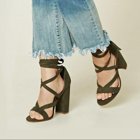 Olive Strappy Faux Suede Heels - Picture 1 of 4